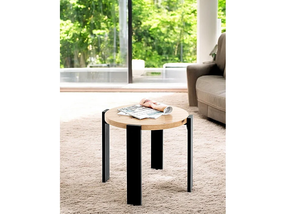 Table basse ronde coloris chêne et métal noir - Diamètre 50 x Hauteur 46 cm
