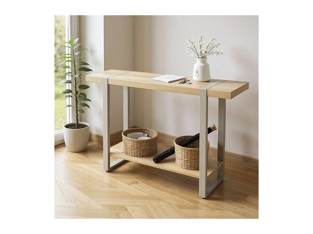 Table console meuble d'entrée coloris Chêne naturel et métal gris - Longueur 120 x Profondeur 30 x Hauteur 82 cm