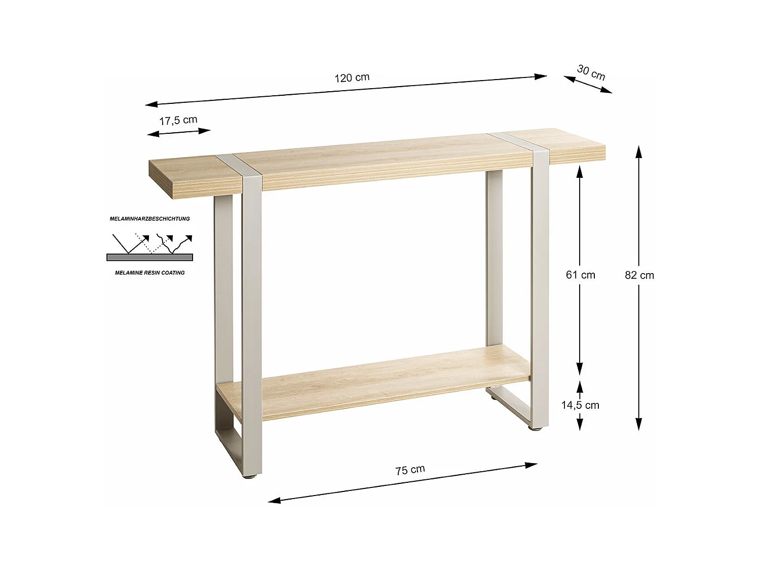 Table console meuble d'entrée coloris Chêne naturel et métal gris - Longueur 120 x Profondeur 30 x Hauteur 82 cm