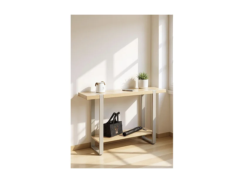 Table console meuble d'entrée coloris Chêne naturel et métal gris - Longueur 120 x Profondeur 30 x Hauteur 82 cm
