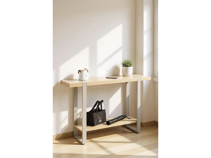 Table console meuble d'entrée coloris Chêne naturel et métal gris - Longueur 120 x Profondeur 30 x Hauteur 82 cm