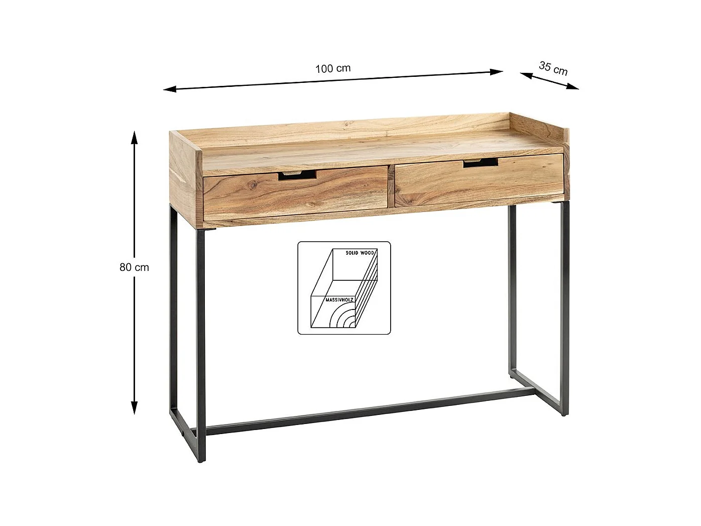 Table console meuble d'entrée 2 tiroirs coloris chêne et métal noir - Longueur 100 x Hauteur 80 x Profondeur 35cm