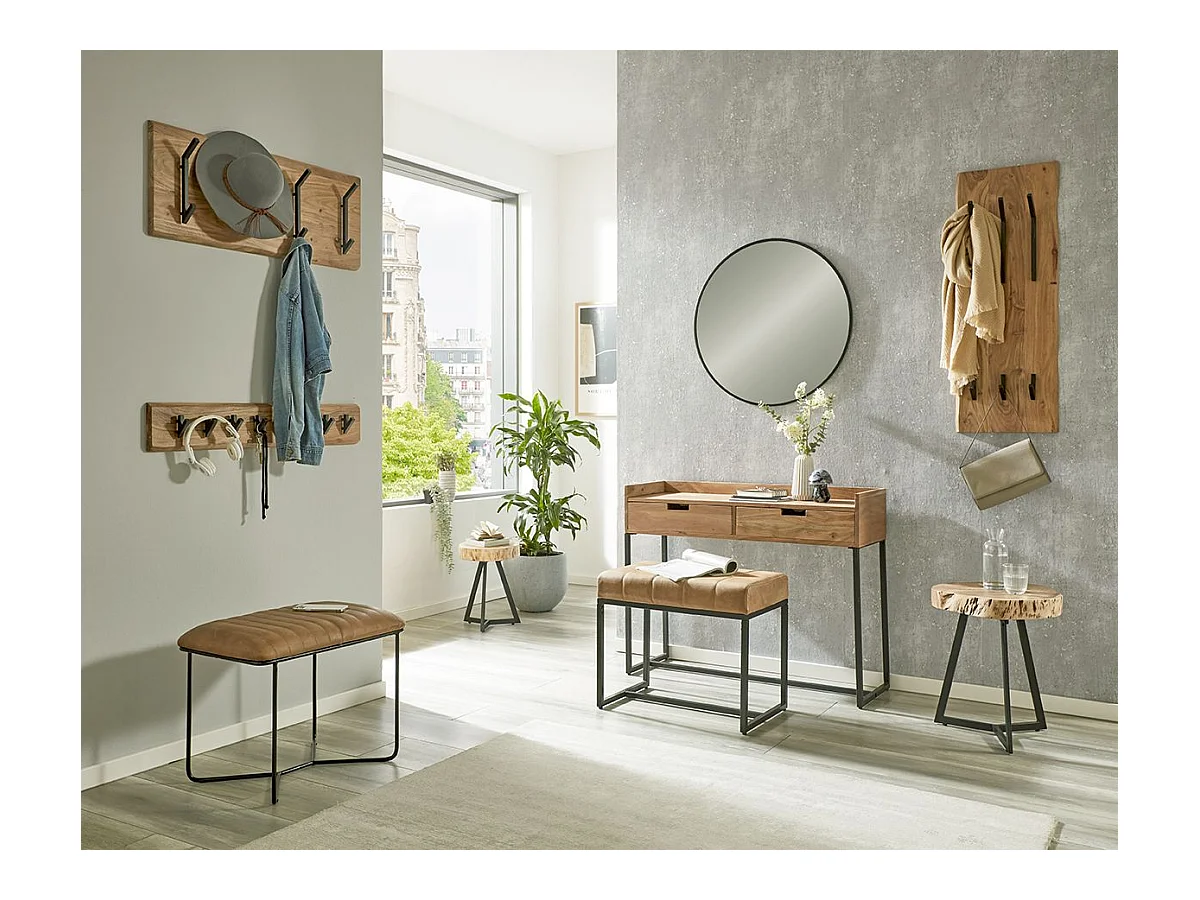 Table console meuble d'entrée 2 tiroirs coloris chêne et métal noir - Longueur 100 x Hauteur 80 x Profondeur 35cm