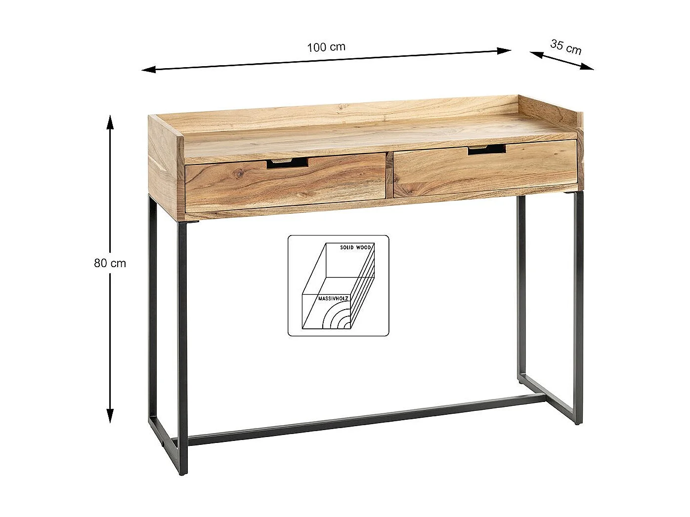 Table console meuble d'entrée 2 tiroirs coloris chêne et métal noir - Longueur 100 x Hauteur 80 x Profondeur 35cm