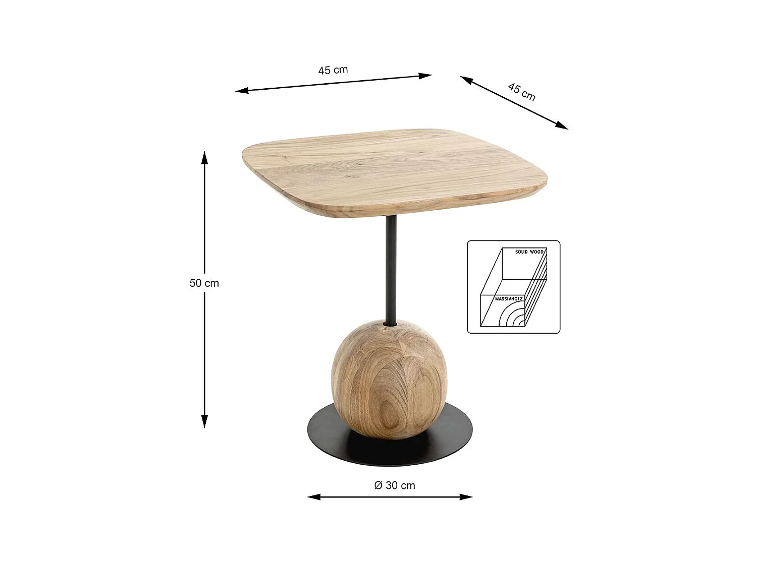 Table d'appoint carré coloris chêne naturel pied en métal Noir - Longueur 45 x Profondeur 45 x Hauteur 50 cm