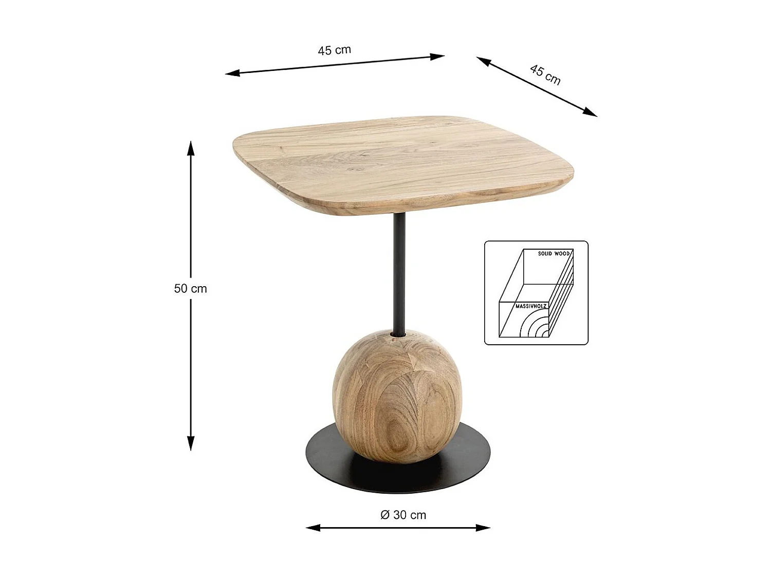 Table d'appoint carré coloris chêne naturel pied en métal Noir - Longueur 45 x Profondeur 45 x Hauteur 50 cm