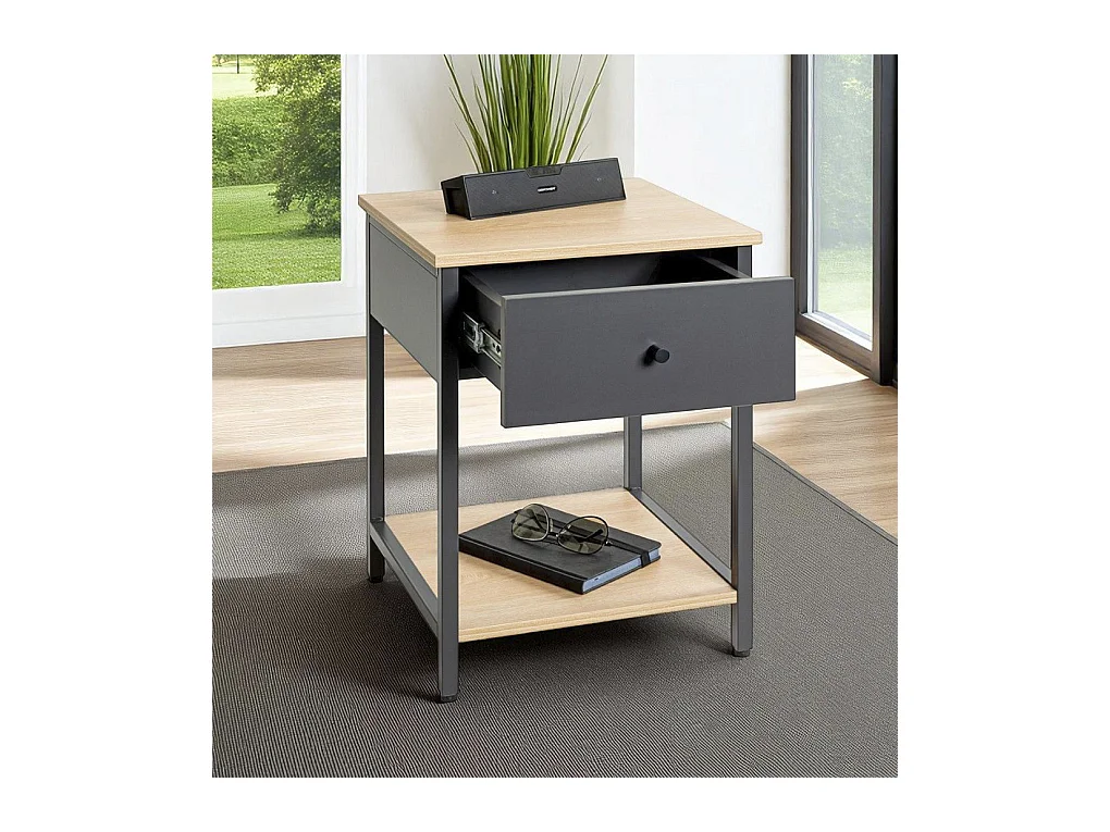 Table de nuit, table de chevet 1 tiroir coloris Chêne/anthracite - Longueur 40 x Profondeur 40 x Hauteur 55 cm