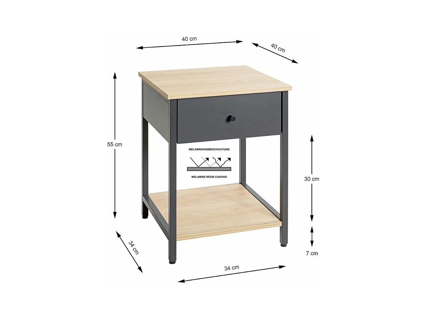 Table de nuit, table de chevet 1 tiroir coloris Chêne/anthracite - Longueur 40 x Profondeur 40 x Hauteur 55 cm