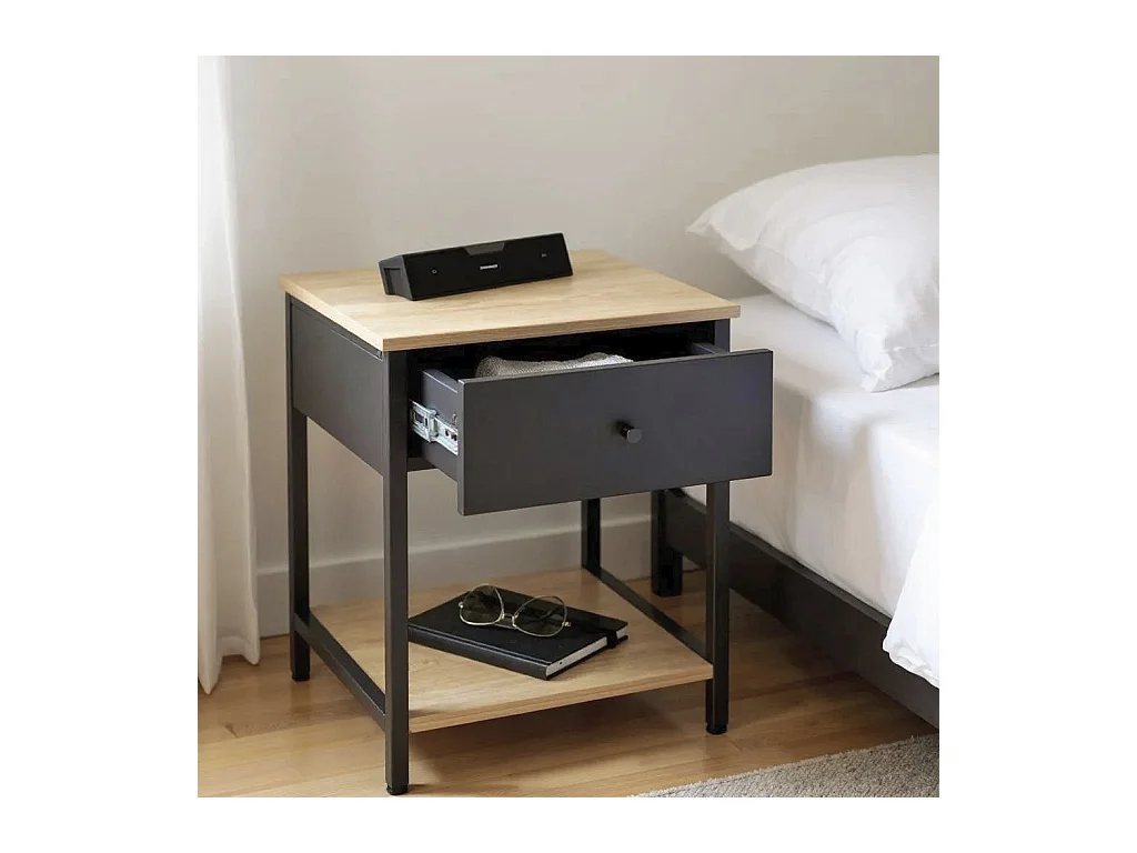 Table de nuit, table de chevet 1 tiroir coloris Chêne/anthracite - Longueur 40 x Profondeur 40 x Hauteur 55 cm