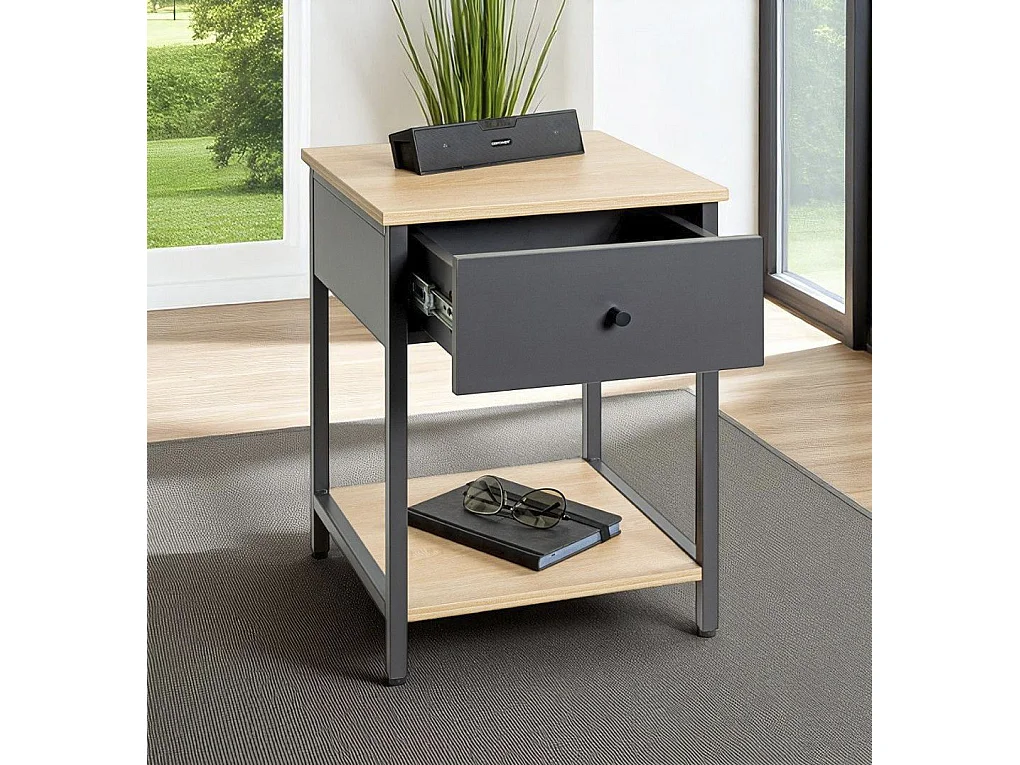 Table de nuit, table de chevet 1 tiroir coloris Chêne/anthracite - Longueur 40 x Profondeur 40 x Hauteur 55 cm