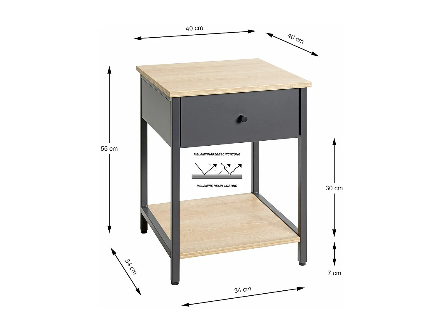 Table de nuit, table de chevet 1 tiroir coloris Chêne/anthracite - Longueur 40 x Profondeur 40 x Hauteur 55 cm