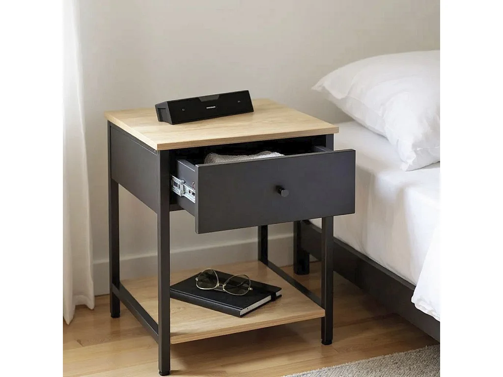 Table de nuit, table de chevet 1 tiroir coloris Chêne/anthracite - Longueur 40 x Profondeur 40 x Hauteur 55 cm