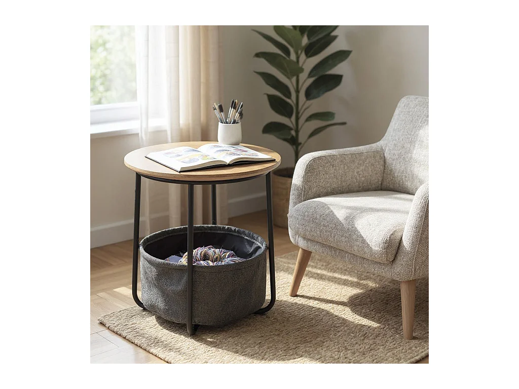 Table d'appoint ronde avec panier de rangement en tissu gris - Diamètre 45 x Hauteur 50cm