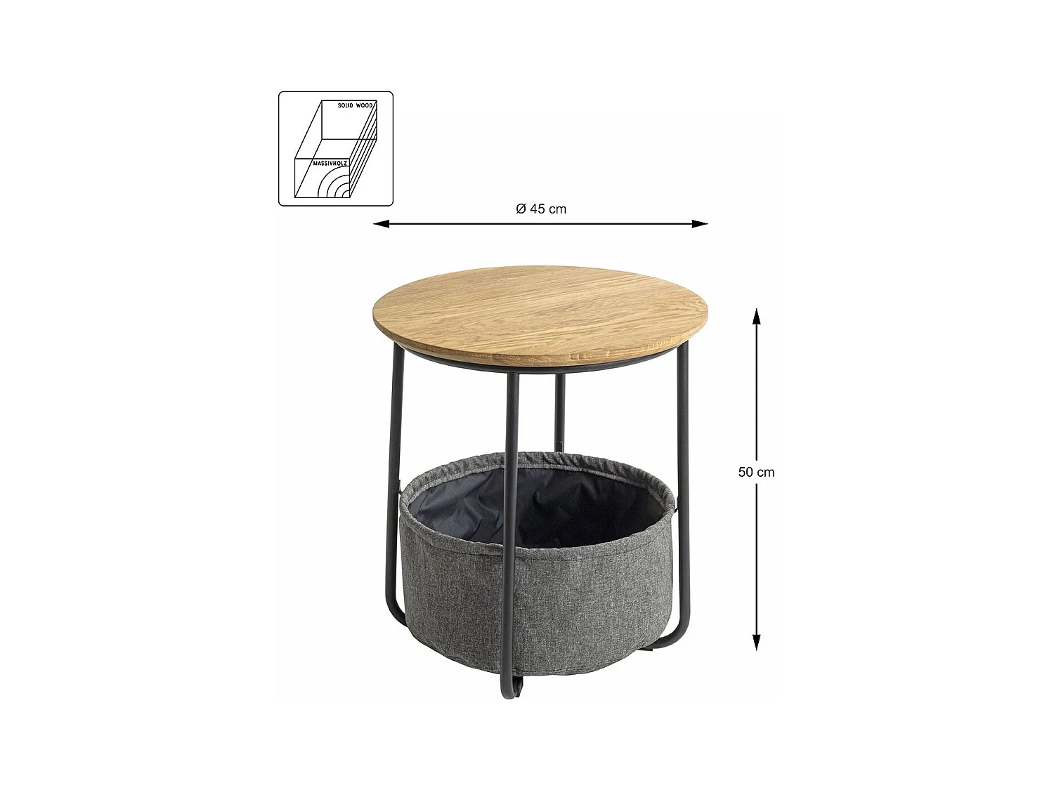 Table d'appoint ronde avec panier de rangement en tissu gris - Diamètre 45 x Hauteur 50cm