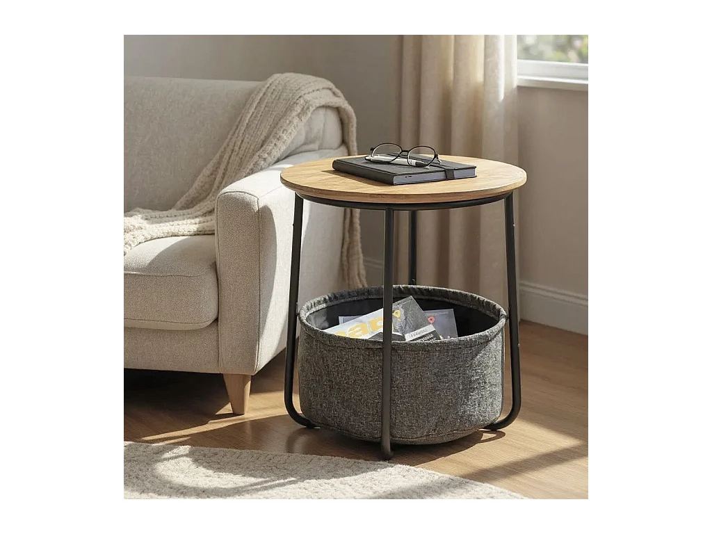 Table d'appoint ronde avec panier de rangement en tissu gris - Diamètre 45 x Hauteur 50cm