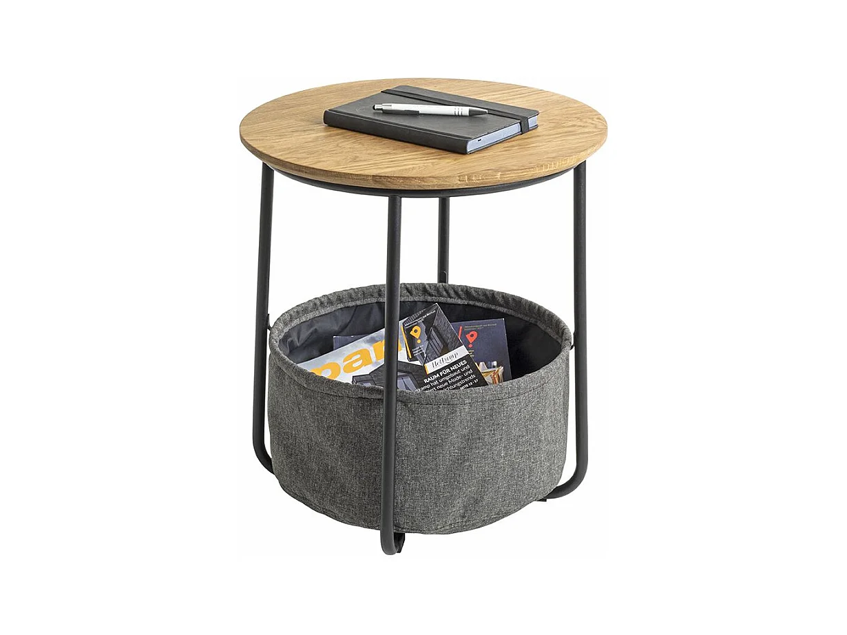 Table d'appoint ronde avec panier de rangement en tissu gris - Diamètre 45 x Hauteur 50cm