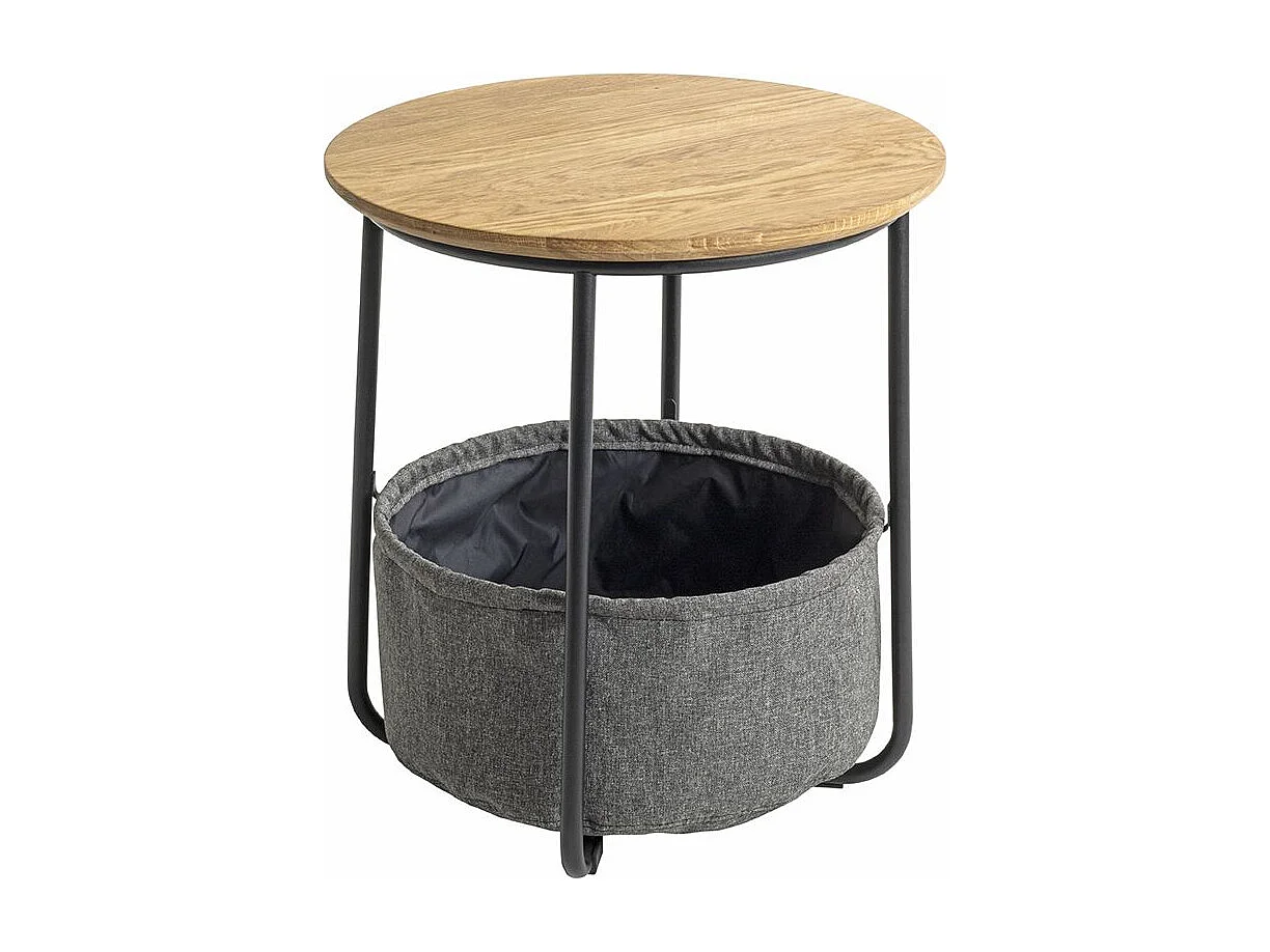 Table d'appoint ronde avec panier de rangement en tissu gris - Diamètre 45 x Hauteur 50cm