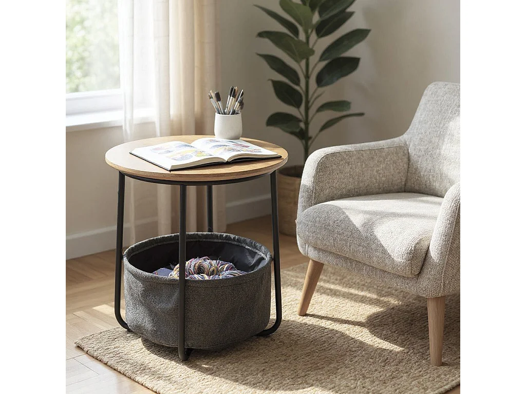 Table d'appoint ronde avec panier de rangement en tissu gris - Diamètre 45 x Hauteur 50cm