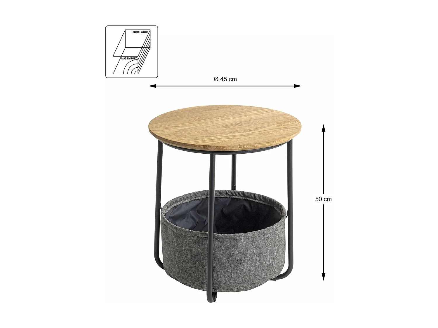Table d'appoint ronde avec panier de rangement en tissu gris - Diamètre 45 x Hauteur 50cm
