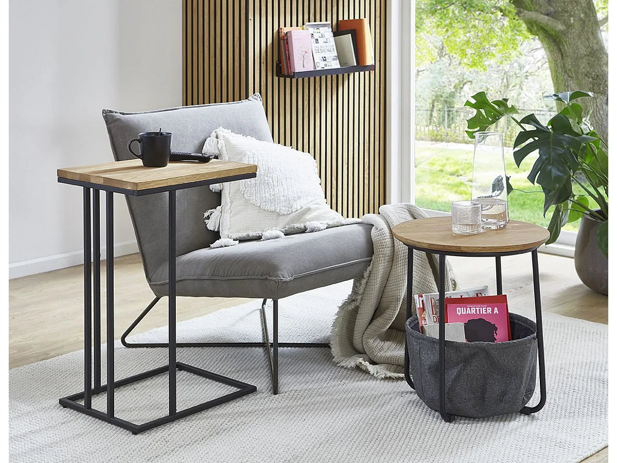 Table d'appoint ronde avec panier de rangement en tissu gris - Diamètre 45 x Hauteur 50cm