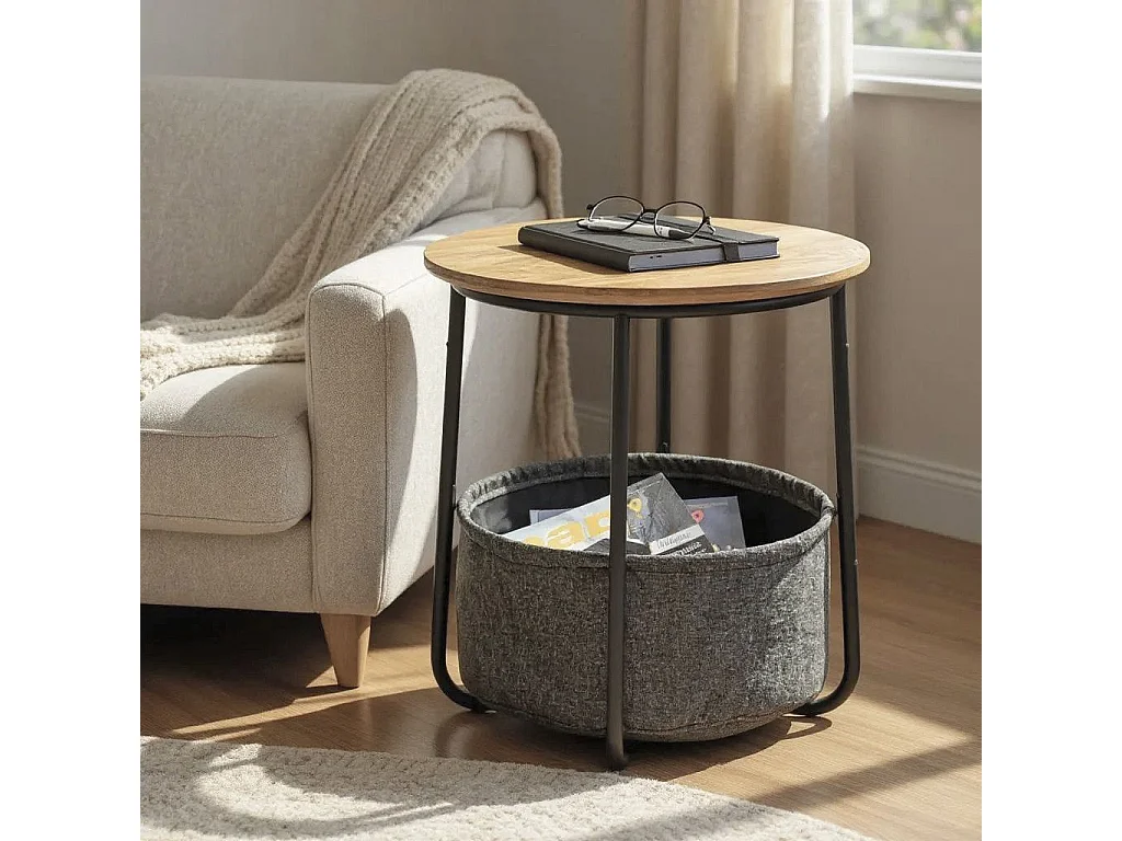 Table d'appoint ronde avec panier de rangement en tissu gris - Diamètre 45 x Hauteur 50cm