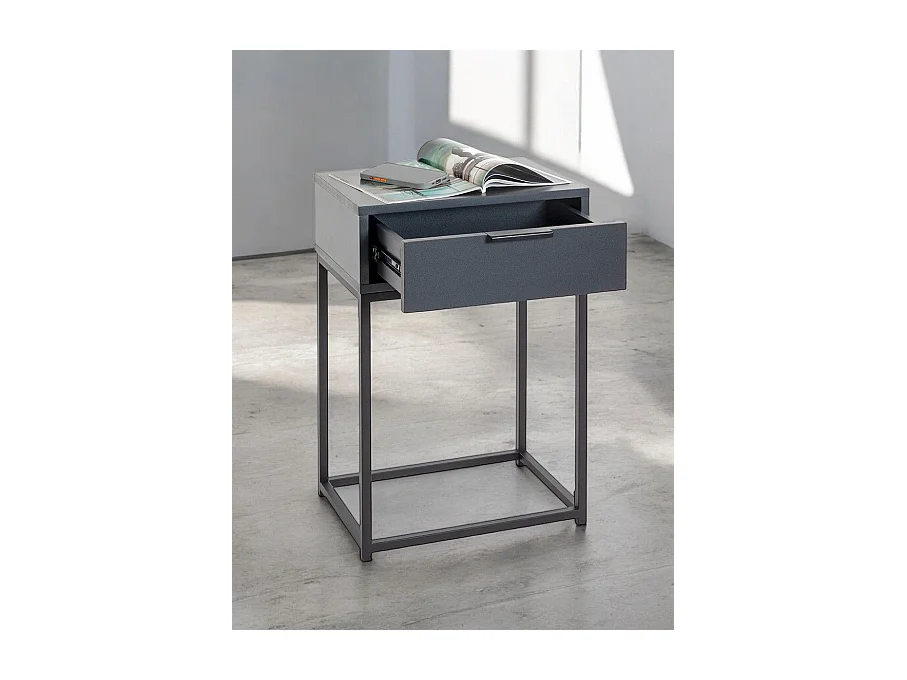 Table de nuit, table de chevet 1 tiroir coloris gris anthracite et métal noir - Longueur 40 x Profondeur 28 x Hauteur 60 cm