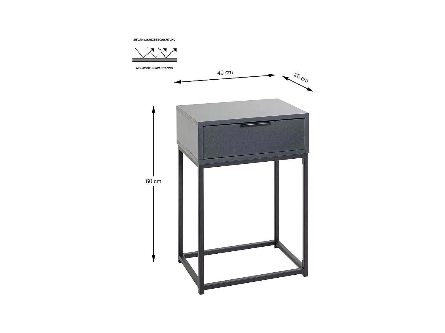 Table de nuit, table de chevet 1 tiroir coloris gris anthracite et métal noir - Longueur 40 x Profondeur 28 x Hauteur 60 cm