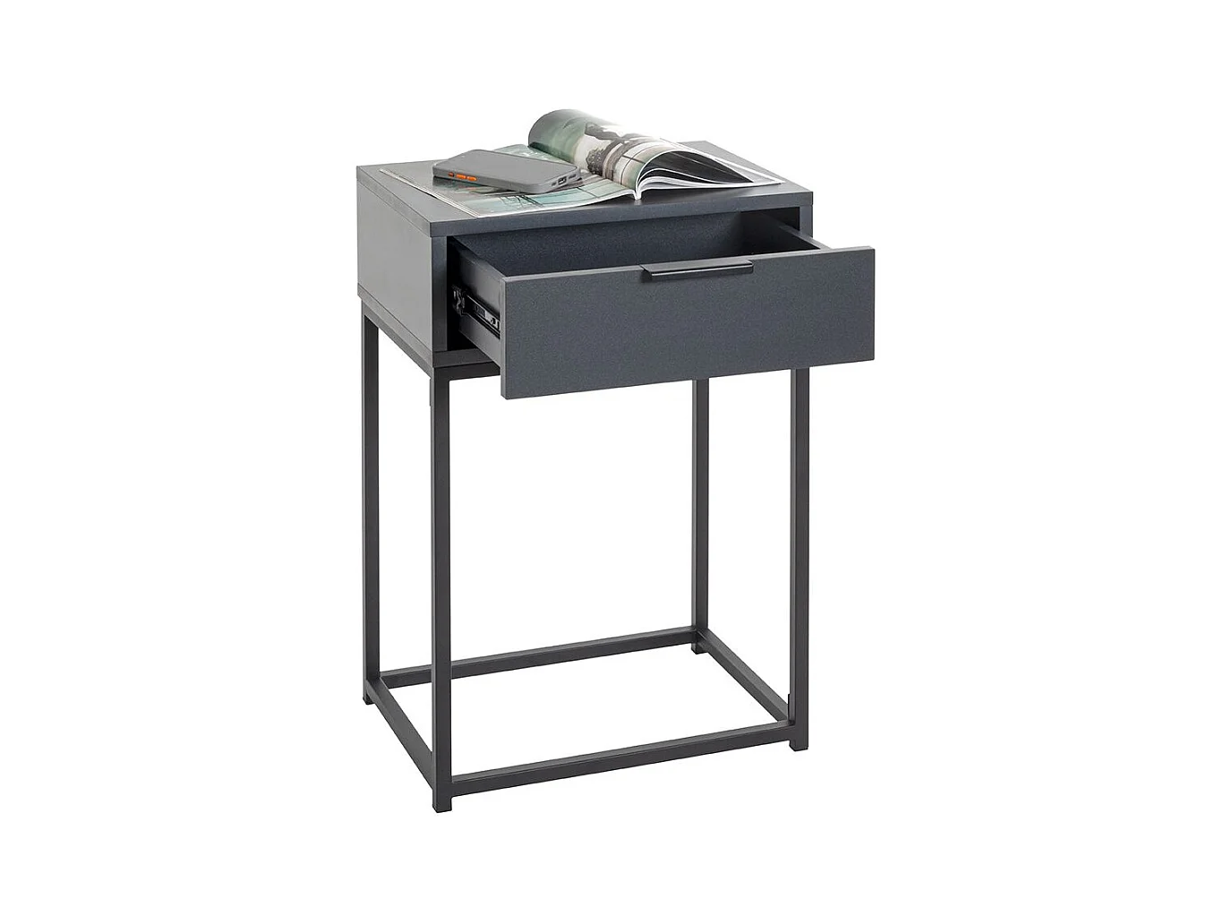Table de nuit, table de chevet 1 tiroir coloris gris anthracite et métal noir - Longueur 40 x Profondeur 28 x Hauteur 60 cm
