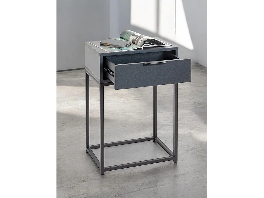 Table de nuit, table de chevet 1 tiroir coloris gris anthracite et métal noir - Longueur 40 x Profondeur 28 x Hauteur 60 cm