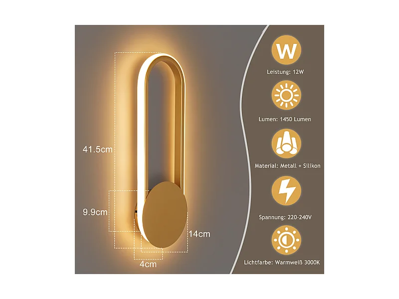 NETTLIFE Applique murale LED d'intérieur - Lampe d'escalier 12W 41cm Lampe de couloir dorée Design moderne 3000K Blanc chaud