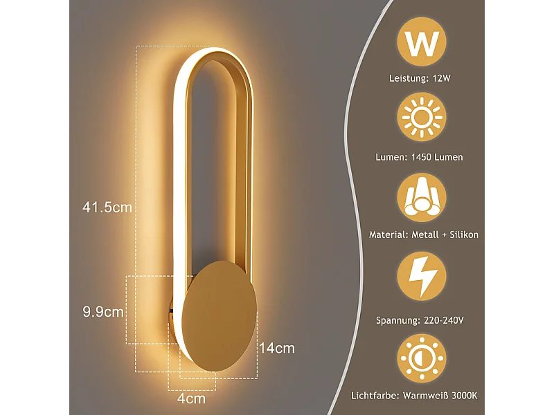 NETTLIFE Applique murale LED d'intérieur - Lampe d'escalier 12W 41cm Lampe de couloir dorée Design moderne 3000K Blanc chaud
