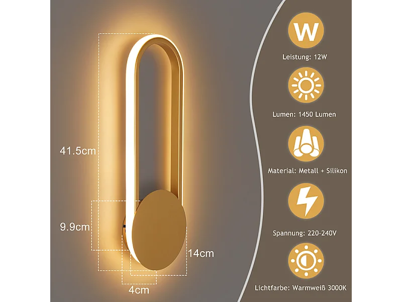 NETTLIFE Applique murale LED d'intérieur - Lampe d'escalier 12W 41cm Lampe de couloir dorée Design moderne 3000K Blanc chaud