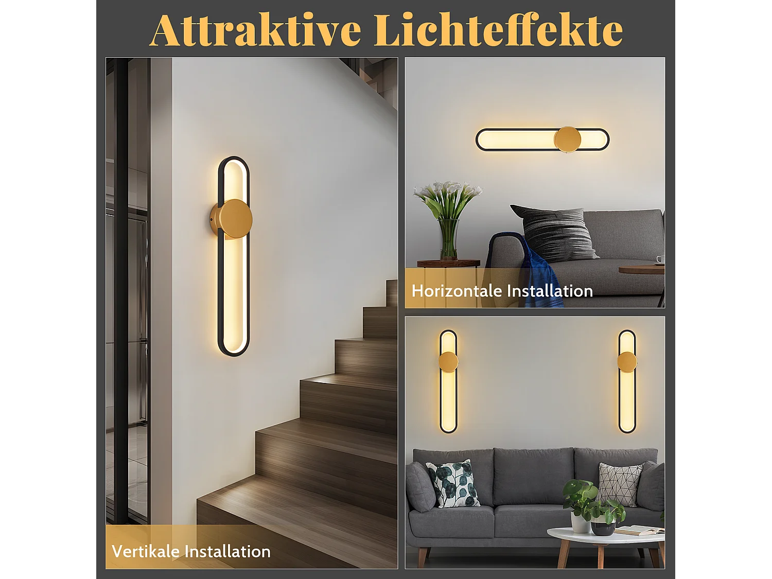 Applique murale LED NETTLIFE - 12 W - Lampe d'escalier 60 cm - Doré - Design moderne - Blanc chaud 3 000 K -Éclairage mural minimaliste