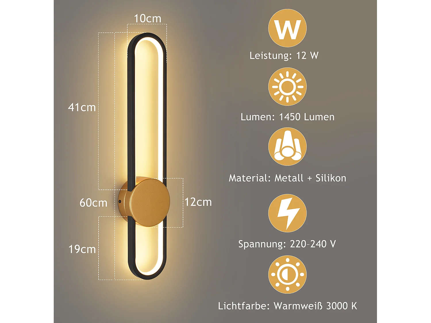 Applique murale LED NETTLIFE - 12 W - Lampe d'escalier 60 cm - Doré - Design moderne - Blanc chaud 3 000 K -Éclairage mural minimaliste