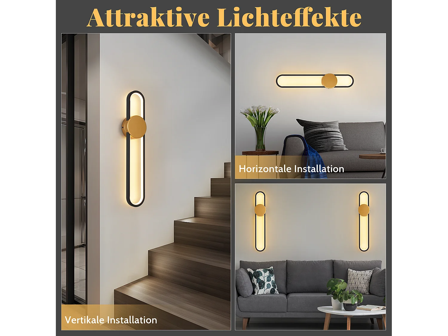 Applique murale LED NETTLIFE - 12 W - Lampe d'escalier 60 cm - Doré - Design moderne - Blanc chaud 3 000 K -Éclairage mural minimaliste