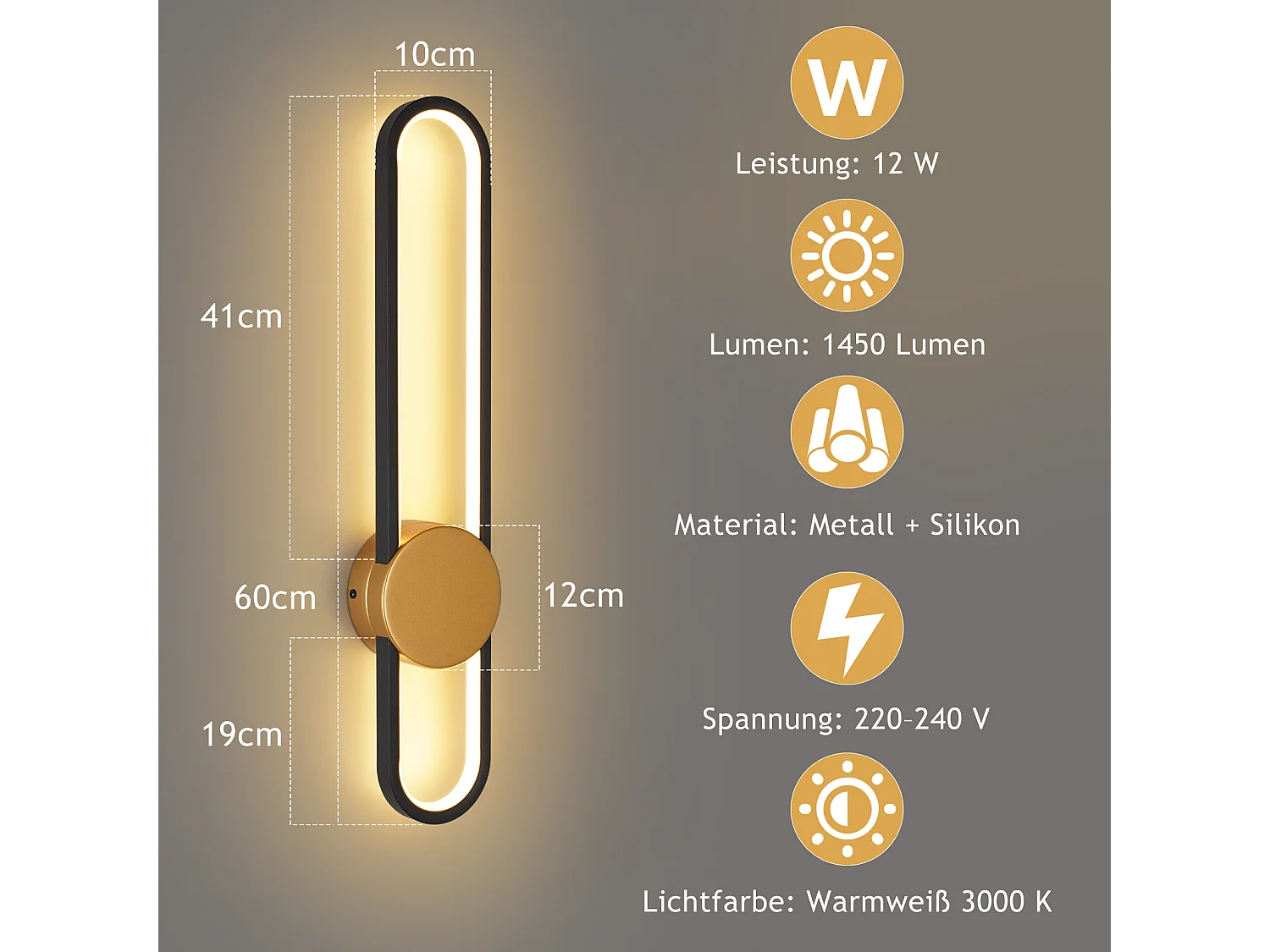 Applique murale LED NETTLIFE - 12 W - Lampe d'escalier 60 cm - Doré - Design moderne - Blanc chaud 3 000 K -Éclairage mural minimaliste