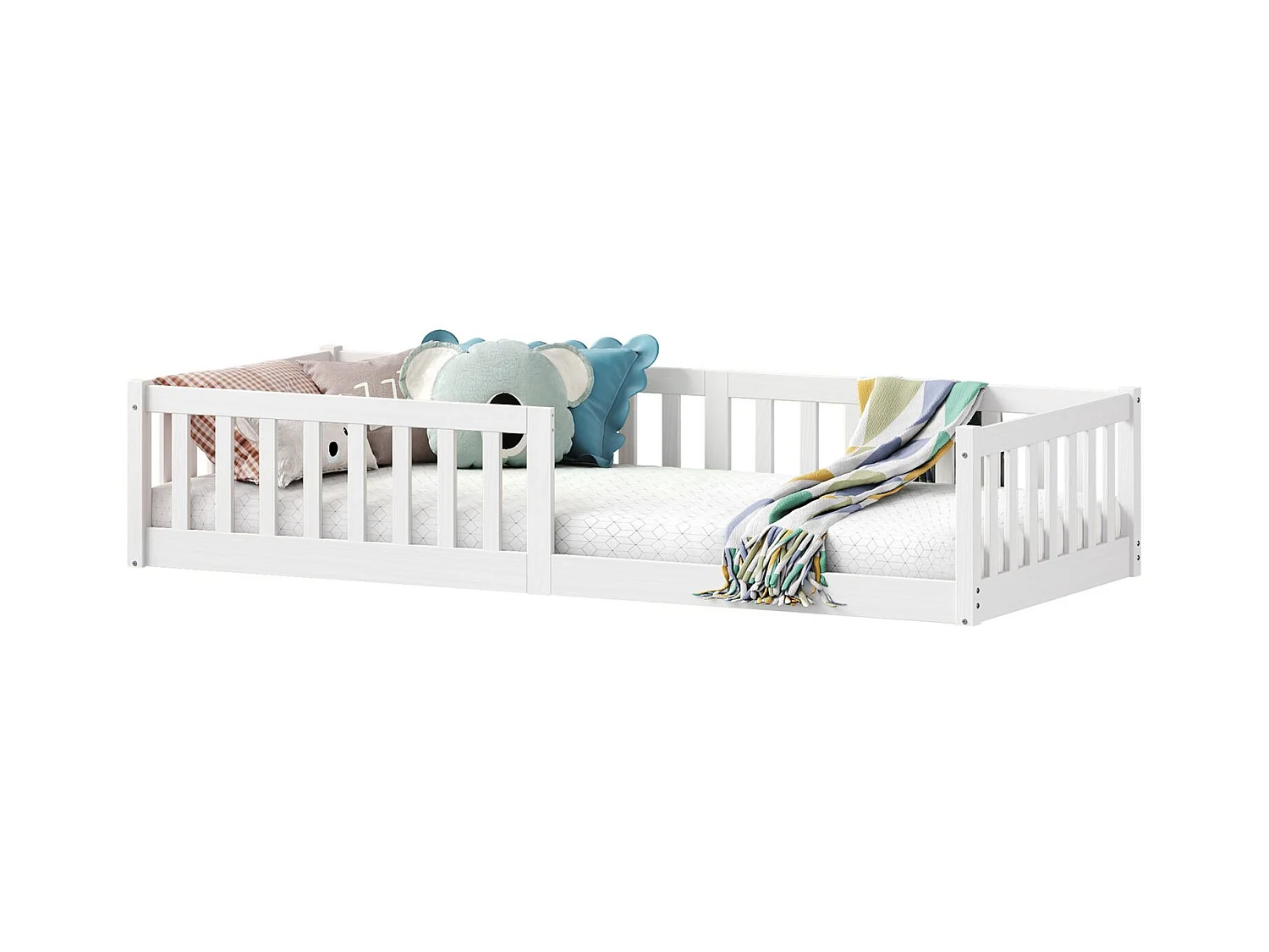 Lit enfant GUSTAVO avec sommier 90x190 cm Montessori, avec barrières de protection, en bois massif coloris blanc