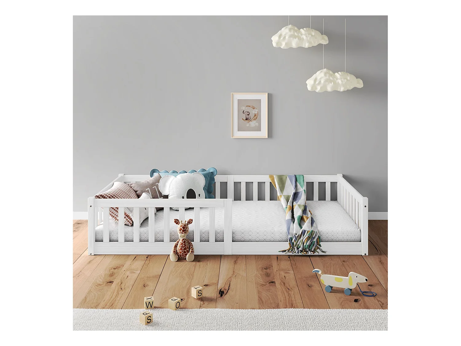 Lit enfant GUSTAVO avec sommier 90x190 cm Montessori, avec barrières de protection, en bois massif coloris blanc