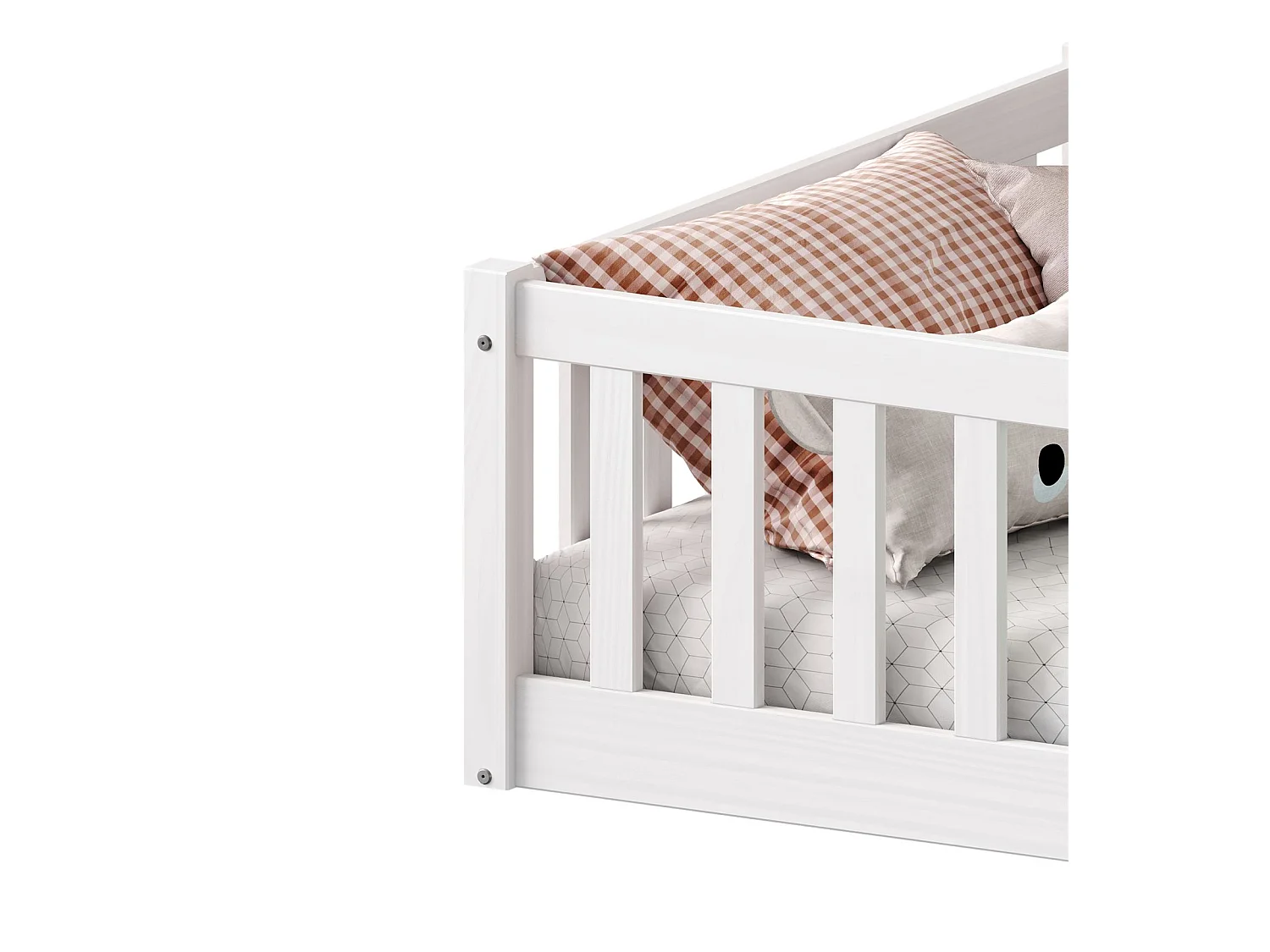 Lit enfant GUSTAVO avec sommier 90x190 cm Montessori, avec barrières de protection, en bois massif coloris blanc
