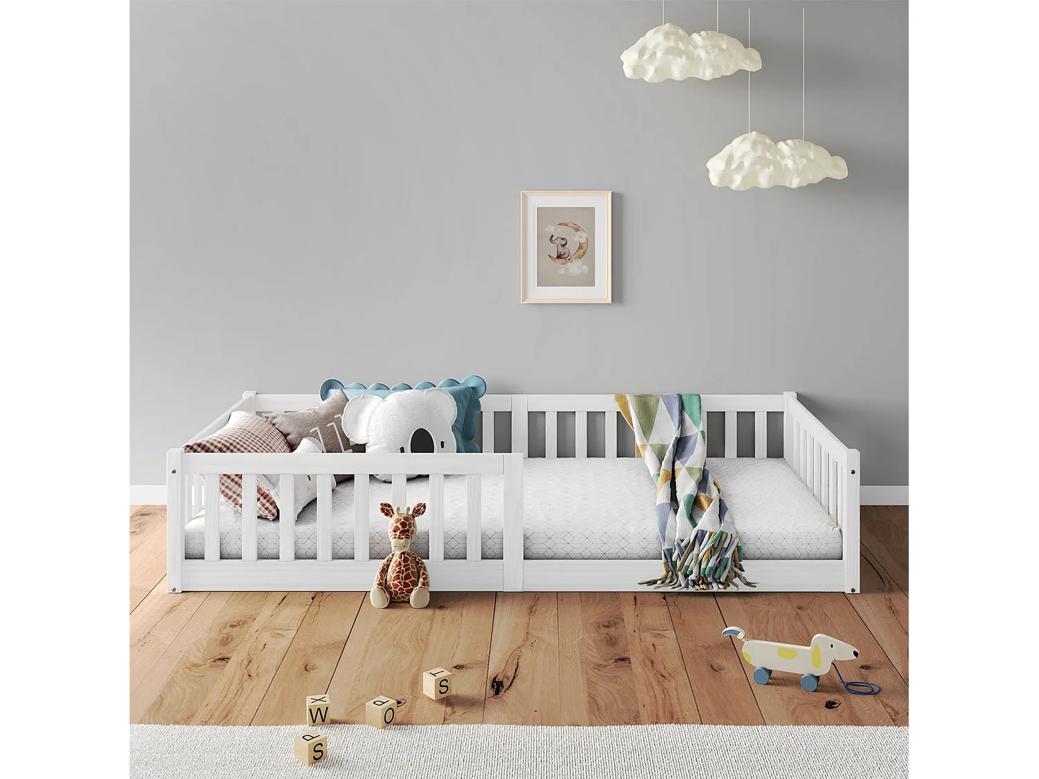 Lit enfant GUSTAVO avec sommier 90x190 cm Montessori, avec barrières de protection, en bois massif coloris blanc