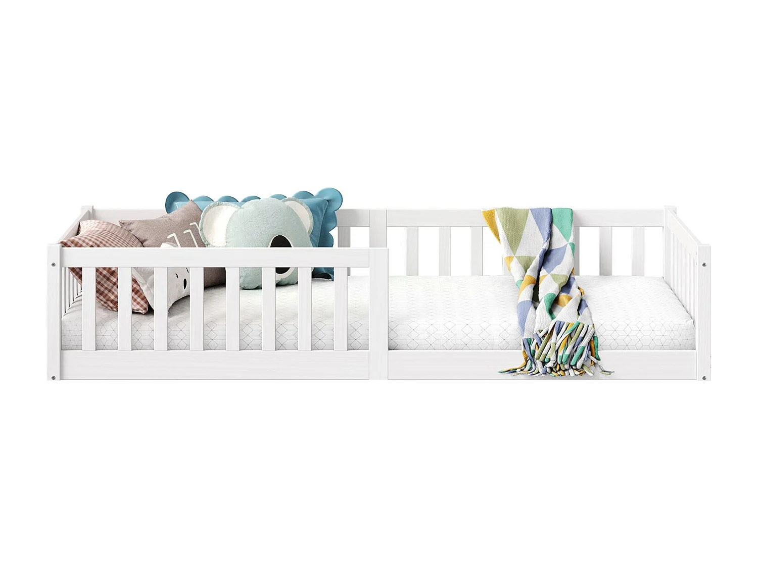 Lit enfant GUSTAVO avec sommier 90x190 cm Montessori, avec barrières de protection, en bois massif coloris blanc