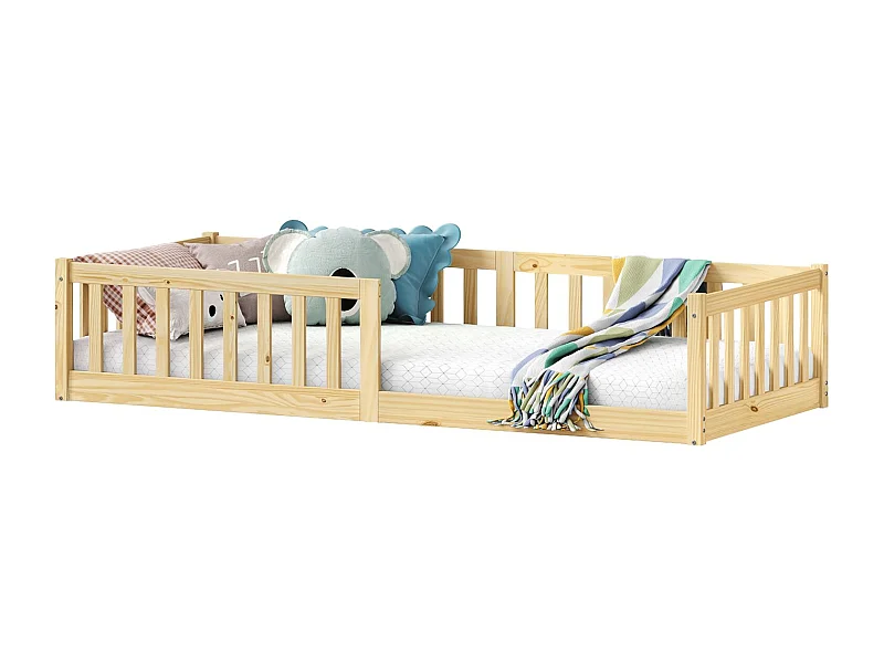 Lit enfant GUSTAVO avec sommier 90x190 cm Montessori, avec barrières de protection, en bois massif coloris naturel