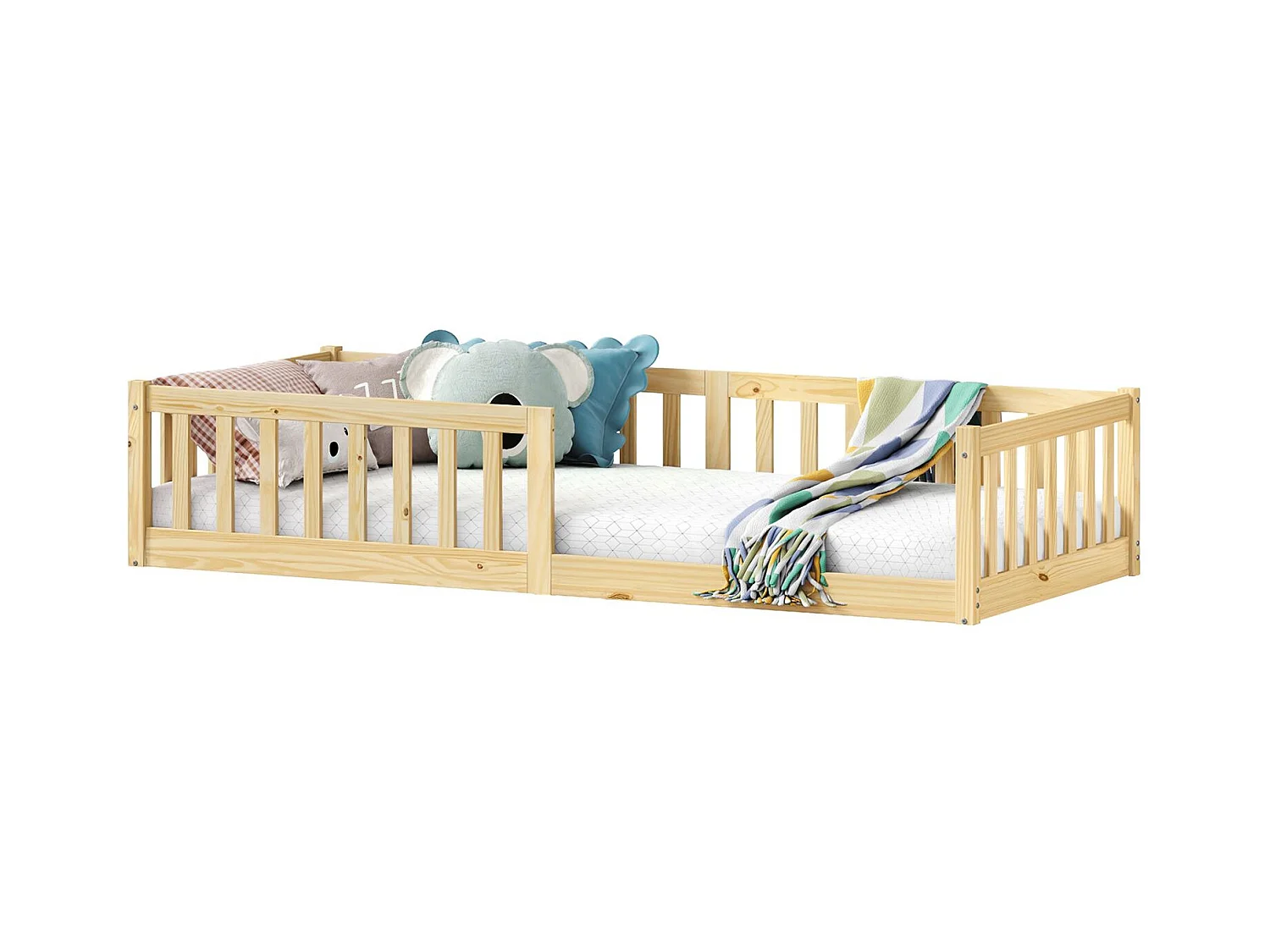 Lit enfant GUSTAVO avec sommier 90x190 cm Montessori, avec barrières de protection, en bois massif coloris naturel