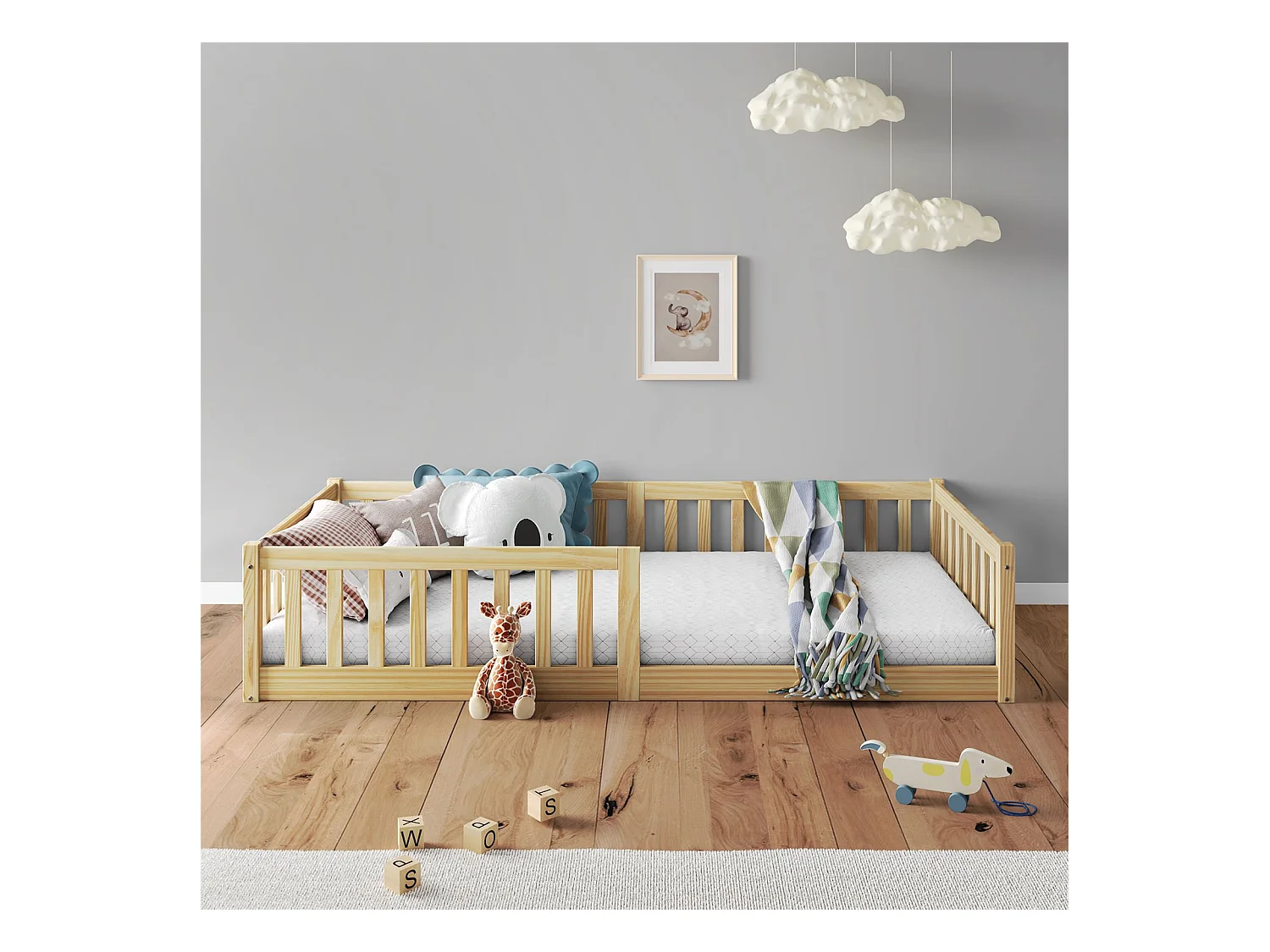 Lit enfant GUSTAVO avec sommier 90x190 cm Montessori, avec barrières de protection, en bois massif coloris naturel