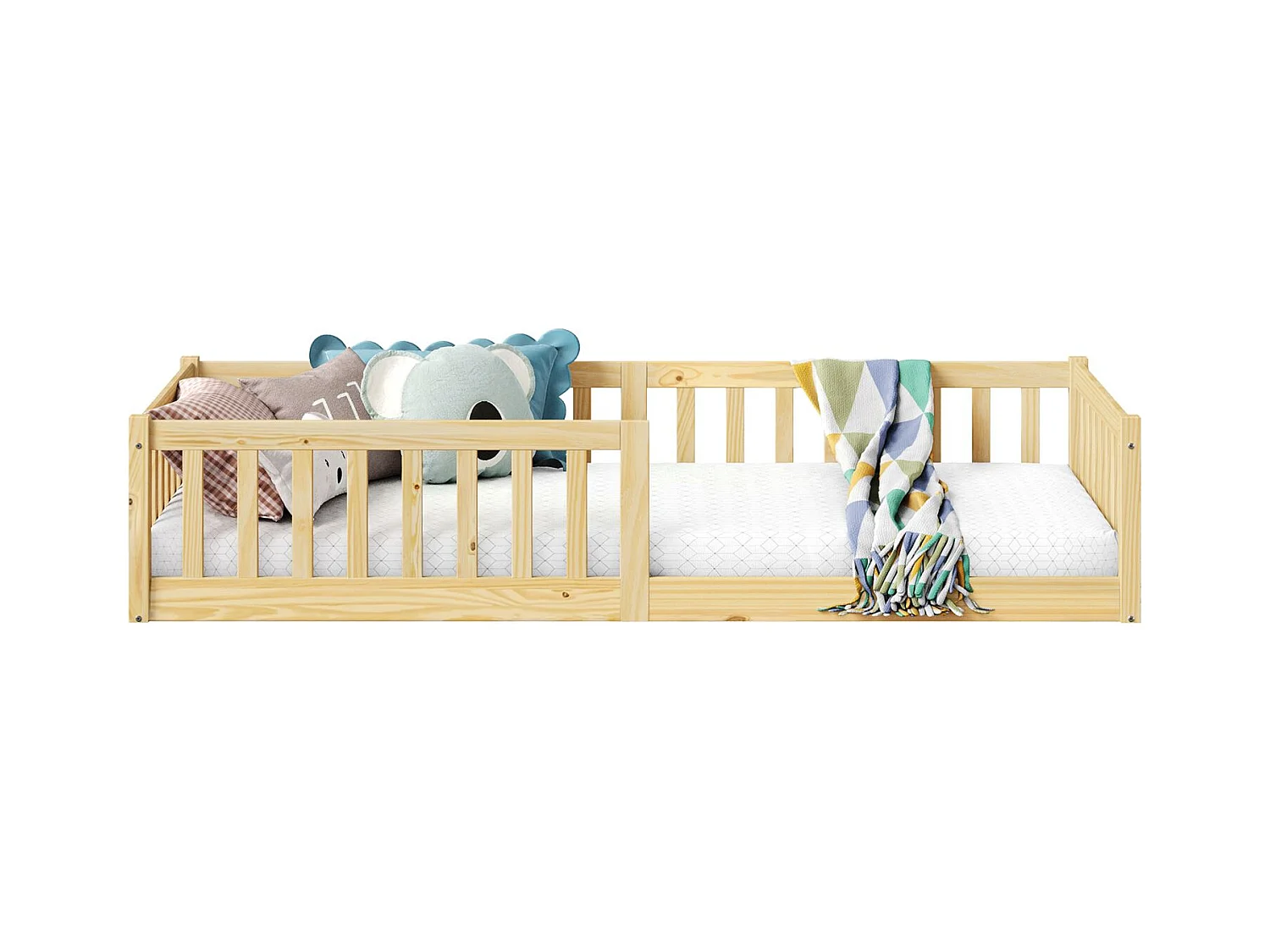 Lit enfant GUSTAVO avec sommier 90x190 cm Montessori, avec barrières de protection, en bois massif coloris naturel