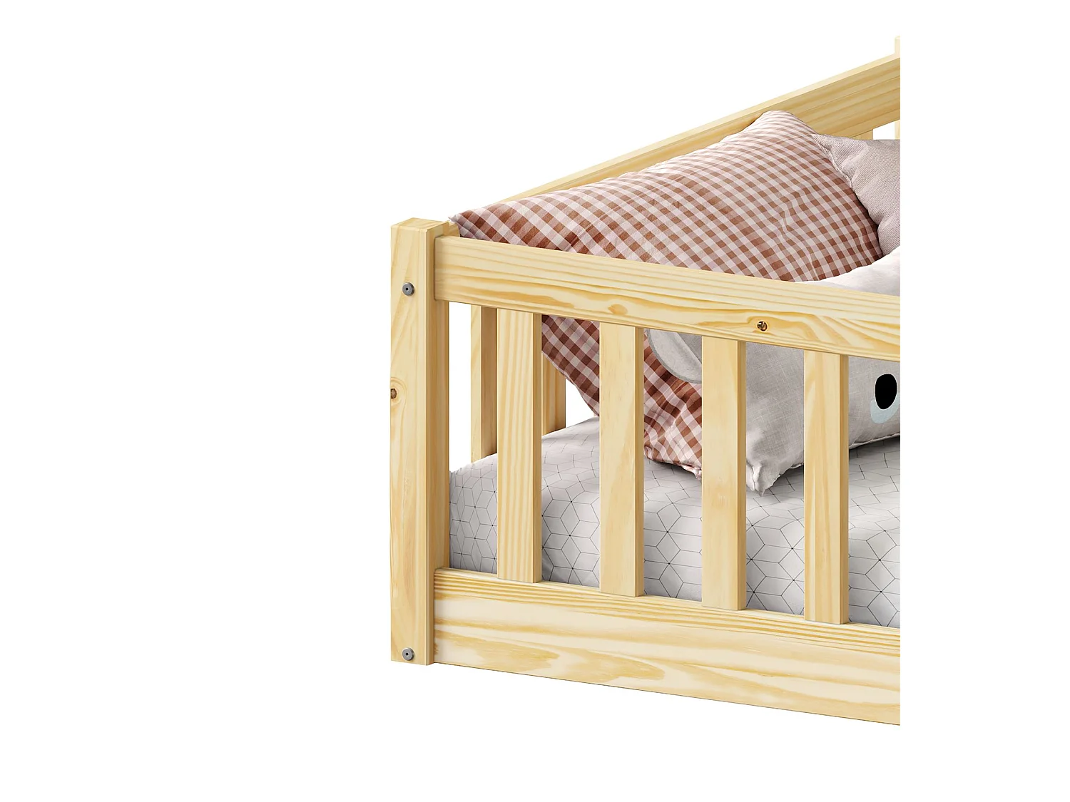 Lit enfant GUSTAVO avec sommier 90x190 cm Montessori, avec barrières de protection, en bois massif coloris naturel