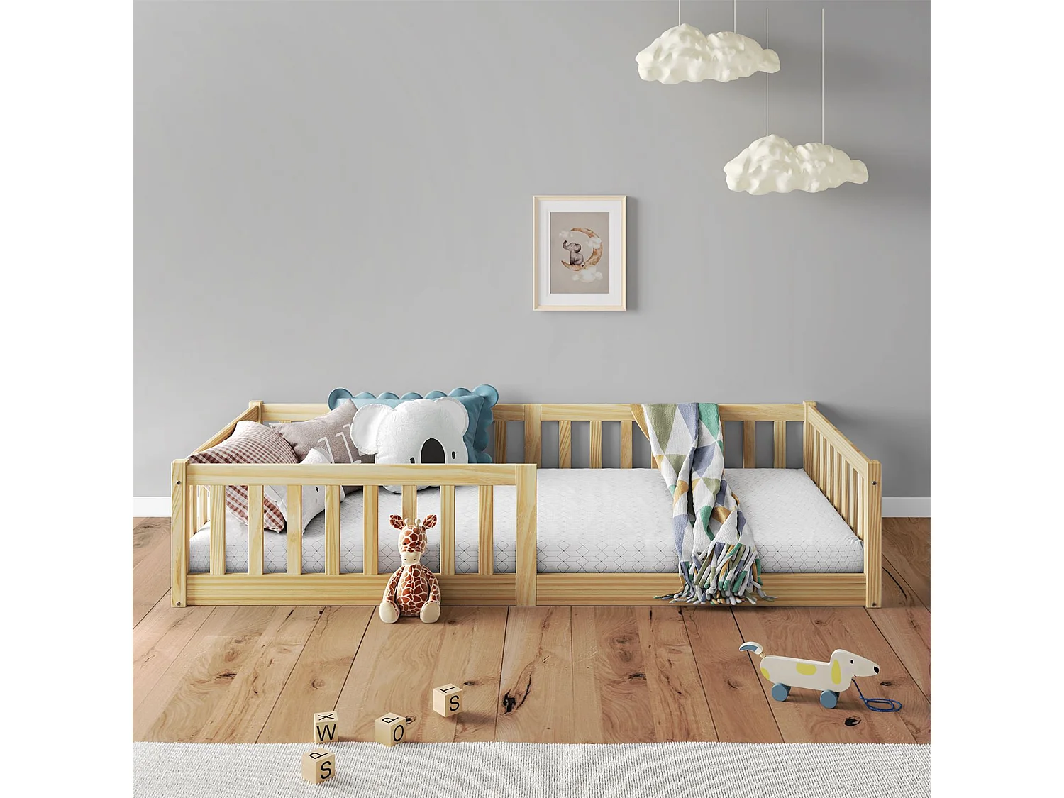 Lit enfant GUSTAVO avec sommier 90x190 cm Montessori, avec barrières de protection, en bois massif coloris naturel