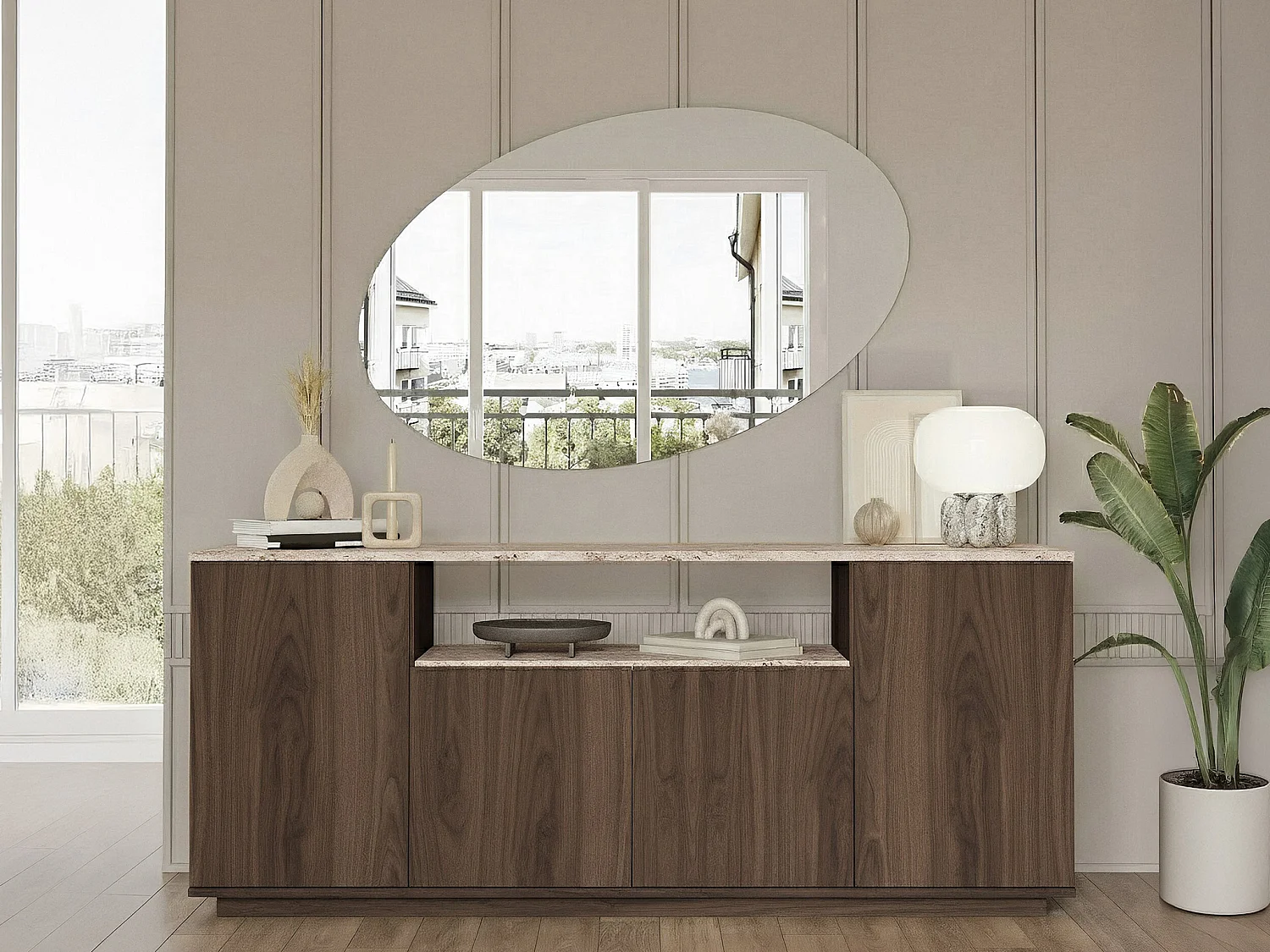 Buffet avec 4 portes et 1 étagère - Naturel foncé et effet travertin beige - LOTULA