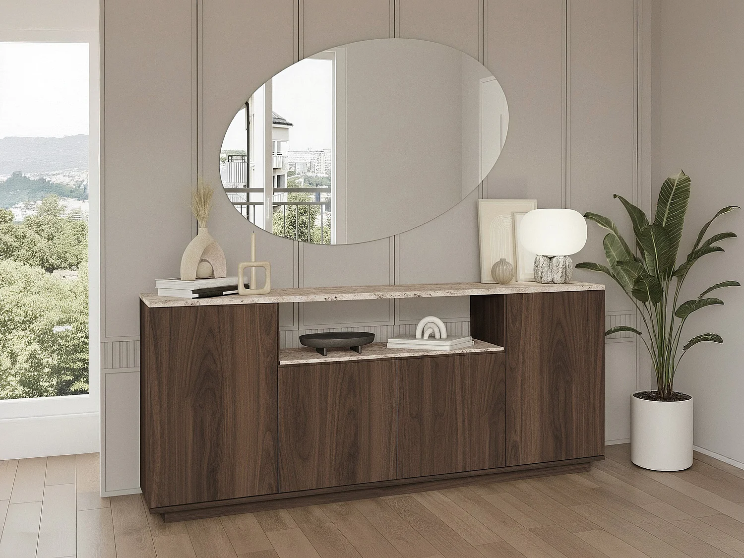 Buffet avec 4 portes et 1 étagère - Naturel foncé et effet travertin beige - LOTULA