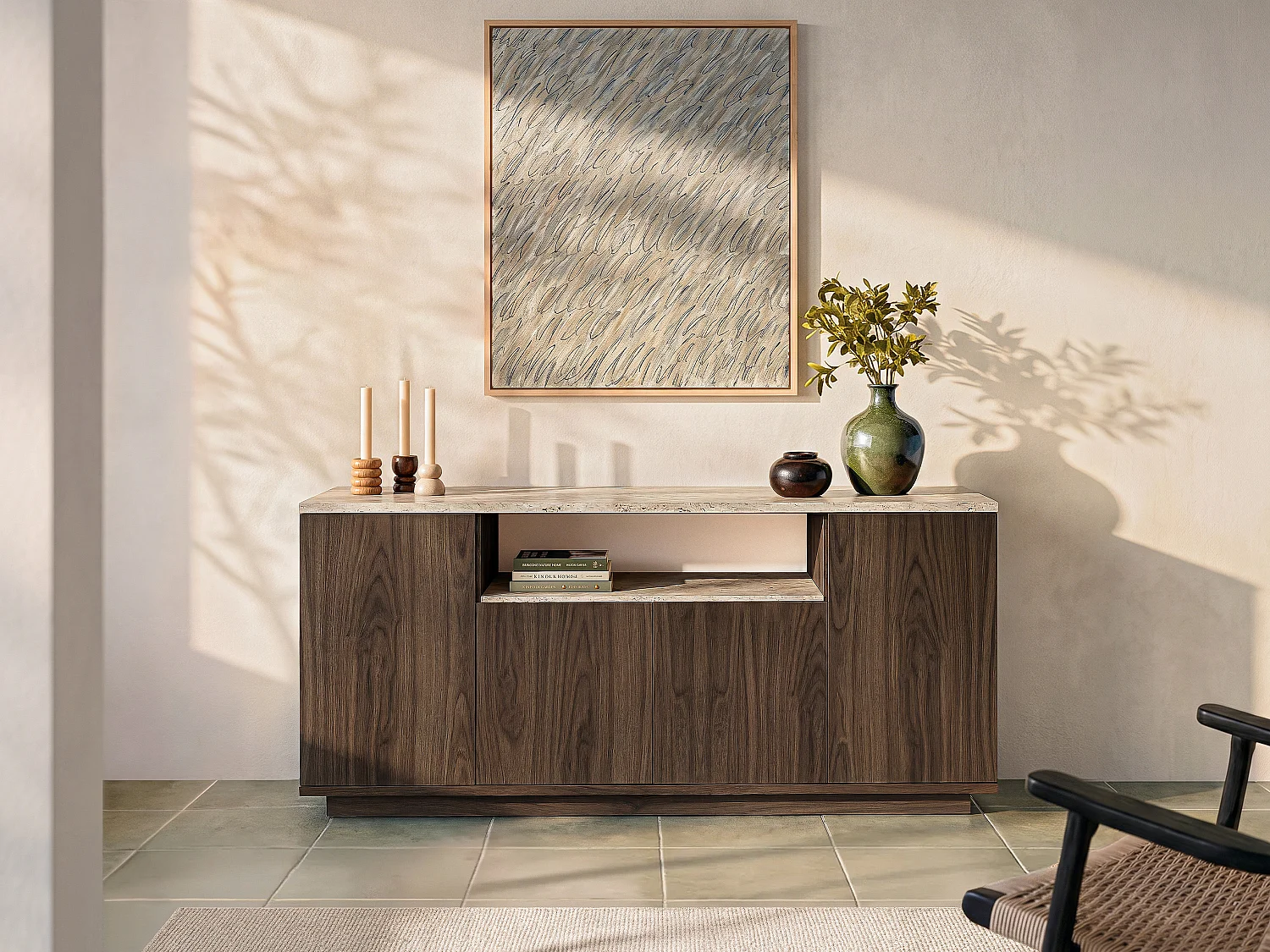 Buffet avec 4 portes et 1 étagère - Naturel foncé et effet travertin beige - LOTULA
